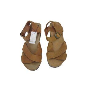 New, Sergio Tomani Tan Leather Cork Heel Wedge Sandals Peep Toe Size 39 or 8 1/2